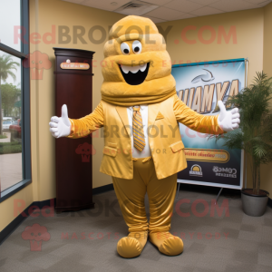 Gold Jambalaya mascot costume character dressed with a Suit Jacket and Wraps