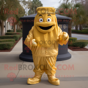 Gold Jambalaya mascot costume character dressed with a Suit Jacket and Wraps