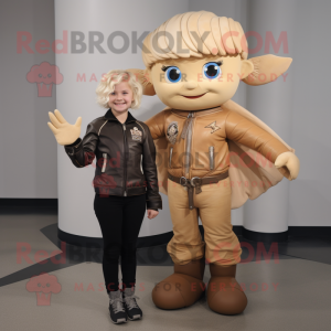 Tan Tooth Fairy mascot costume character dressed with a Leather Jacket and Mittens