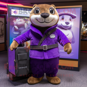 Purple Otter mascot costume character dressed with a Turtleneck and Briefcases