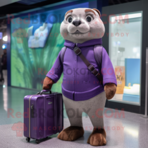 Purple Otter mascot costume character dressed with a Turtleneck and Briefcases