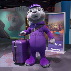 Purple Otter mascot costume character dressed with a Turtleneck and Briefcases