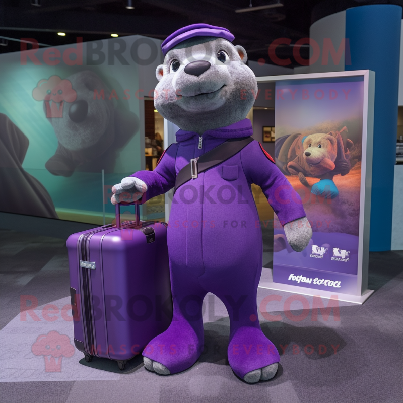 Purple Otter mascot costume character dressed with a Turtleneck and Briefcases