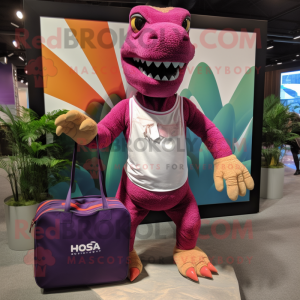 Magenta T Rex mascot costume character dressed with a Board Shorts and Handbags