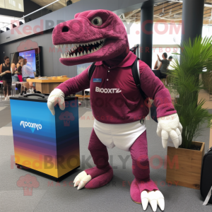 Magenta T Rex mascot costume character dressed with a Board Shorts and Handbags