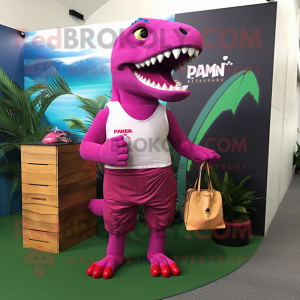 Magenta T Rex mascot costume character dressed with a Board Shorts and Handbags