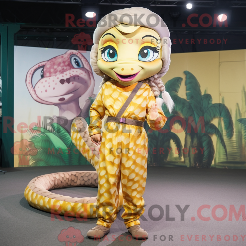 Python maskotdräkt klädd i overall och hårklämmor - Python Mascots - REBROKO_335614 - RedBrokoly.com