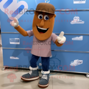 Brown Pair Of Ice Skates mascot costume character dressed with a Denim Shirt and Shoe clips