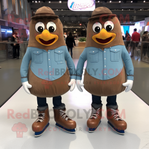 Brown Pair Of Ice Skates mascot costume character dressed with a Denim Shirt and Shoe clips