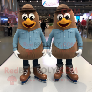 Brown Pair Of Ice Skates mascot costume character dressed with a Denim Shirt and Shoe clips
