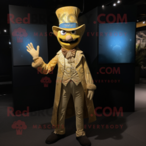 Gold Magician mascot costume character dressed with a Denim Shirt and Headbands