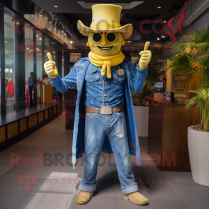 Gold Magician mascot costume character dressed with a Denim Shirt and Headbands