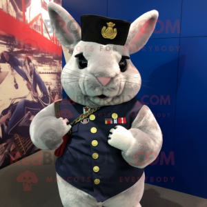 Navy Chinchilla mascot costume character dressed with a V-Neck Tee and Lapel pins