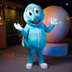 Cyan Golf Ball mascot costume character dressed with a Jumpsuit and Scarves