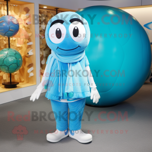 Cyan Golf Ball mascot costume character dressed with a Jumpsuit and Scarves