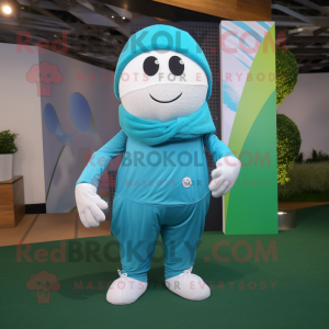 Cyan Golf Ball mascot costume character dressed with a Jumpsuit and Scarves