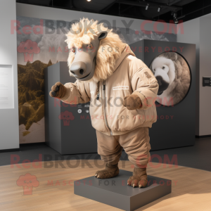 Tan Woolly Rhinoceros mascot costume character dressed with a Bomber Jacket and Anklets