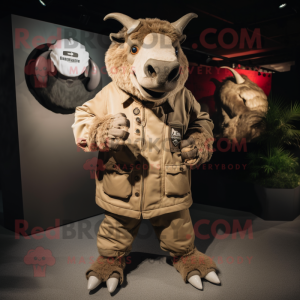 Tan Woolly Rhinoceros mascot costume character dressed with a Bomber Jacket and Anklets
