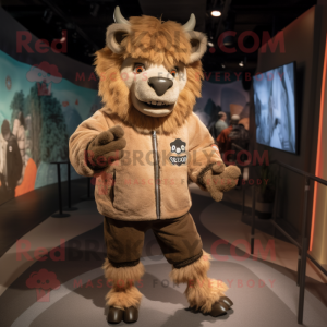 Tan Woolly Rhinoceros mascot costume character dressed with a Bomber Jacket and Anklets