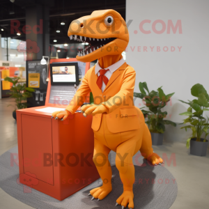 Orange Tyrannosaurus mascot costume character dressed with a Pencil Skirt and Lapel pins