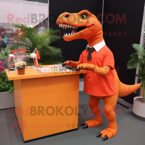 Orange Tyrannosaurus mascot costume character dressed with a Pencil Skirt and Lapel pins