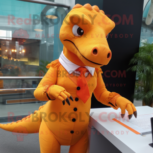 Orange Tyrannosaurus mascot costume character dressed with a Pencil Skirt and Lapel pins