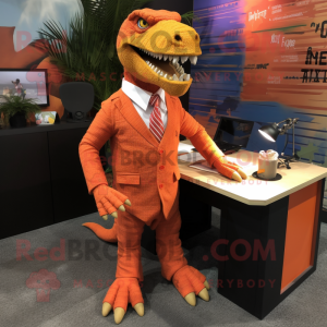 Orange Tyrannosaurus mascot costume character dressed with a Pencil Skirt and Lapel pins