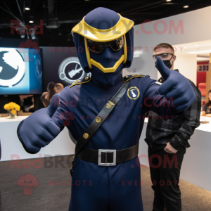 Navy Spartan Soldier mascot costume character dressed with a Blazer and Rings