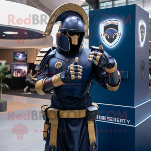 Navy Spartan Soldier mascot costume character dressed with a Blazer and Rings