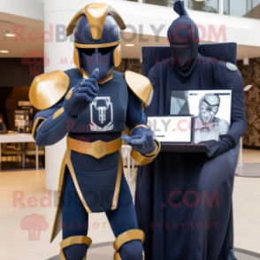 Navy Spartan Soldier mascot costume character dressed with a Blazer and Rings