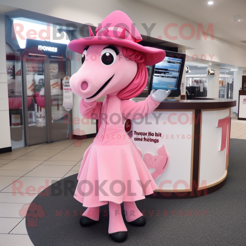Pink Horse mascot costume character dressed with a A-Line Skirt and Hat pins Pink Horse mascot costume character dressed with a A-Line Skirt and Hat pins