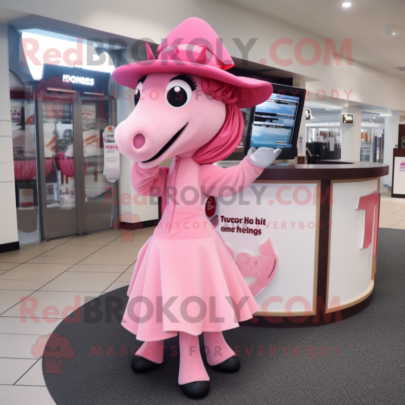 Pink Horse mascot costume character dressed with a A-Line Skirt and Hat pins