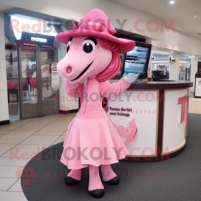 Pink Horse mascot costume character dressed with a A-Line Skirt and Hat pins