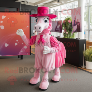 Pink Horse mascot costume character dressed with a A-Line Skirt and Hat pins