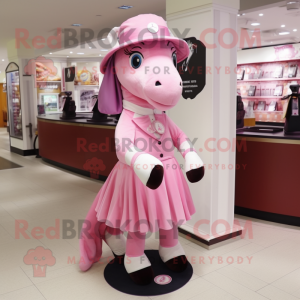 Pink Horse mascot costume character dressed with a A-Line Skirt and Hat pins