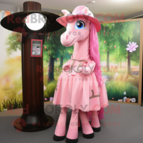 Pink Horse mascot costume character dressed with a A-Line Skirt and Hat pins