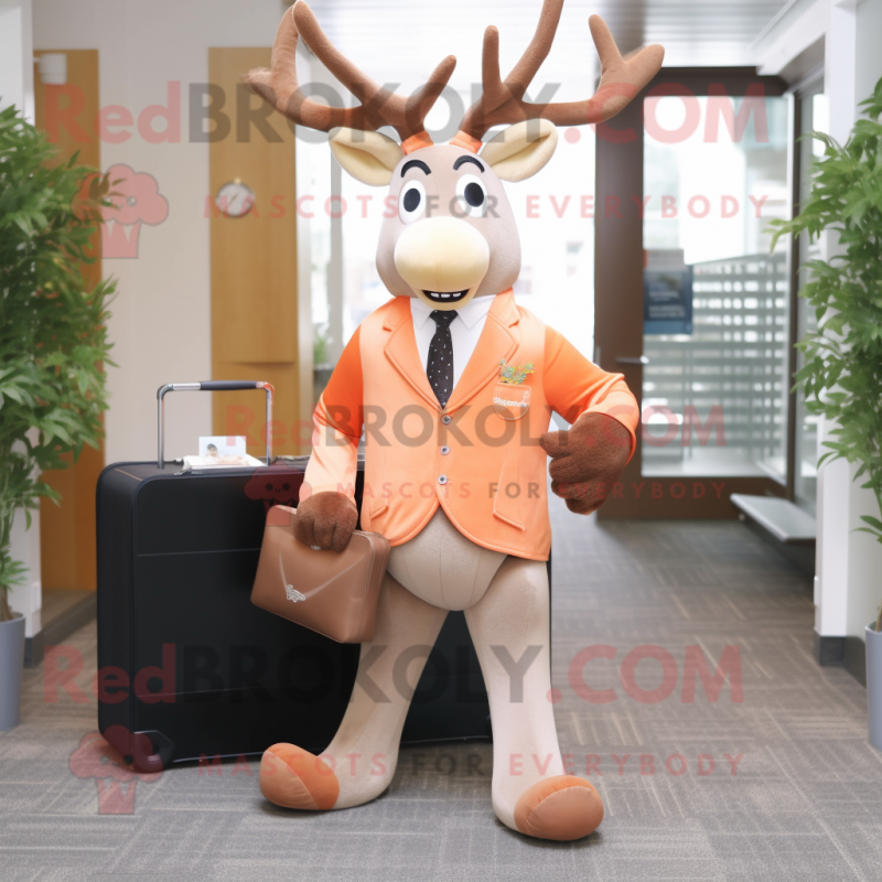 Peach Elk mascot costume character dressed with a Suit Pants and Briefcases Peach Elk mascot costume character dressed with a Suit Pants and Briefcases