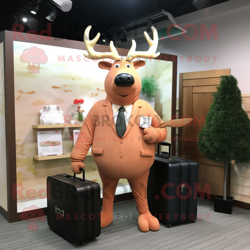 Peach Elk mascot costume character dressed with a Suit Pants and Briefcases Peach Elk mascot costume character dressed with a Suit Pants and Briefcases