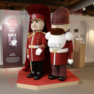 Maroon British Royal Guard mascot costume character dressed with a Wedding Dress and Cufflinks