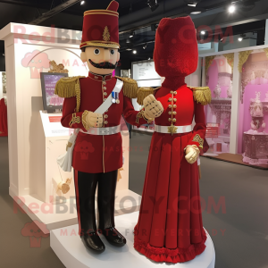 Maroon British Royal Guard mascot costume character dressed with a Wedding Dress and Cufflinks
