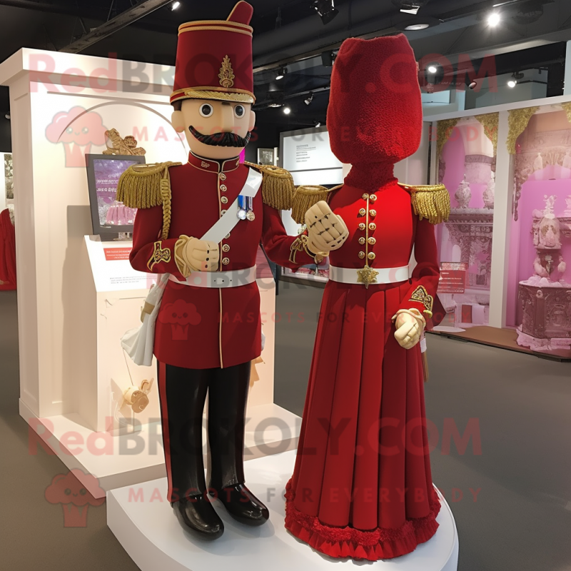 Maroon British Royal Guard mascot costume character dressed with a Wedding Dress and Cufflinks