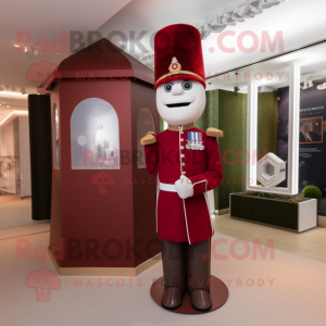 Maroon British Royal Guard mascot costume character dressed with a Wedding Dress and Cufflinks