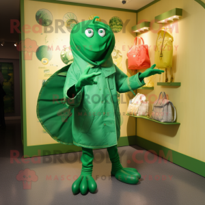 Green Lobster Bisque mascot costume character dressed with a Raincoat and Coin purses