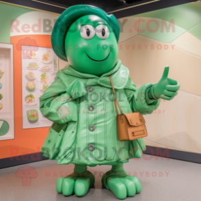 Green Lobster Bisque mascot costume character dressed with a Raincoat and Coin purses