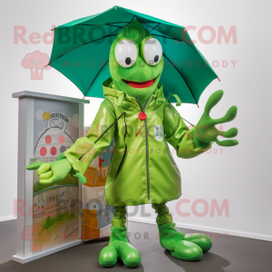 Green Lobster Bisque mascot costume character dressed with a Raincoat and Coin purses