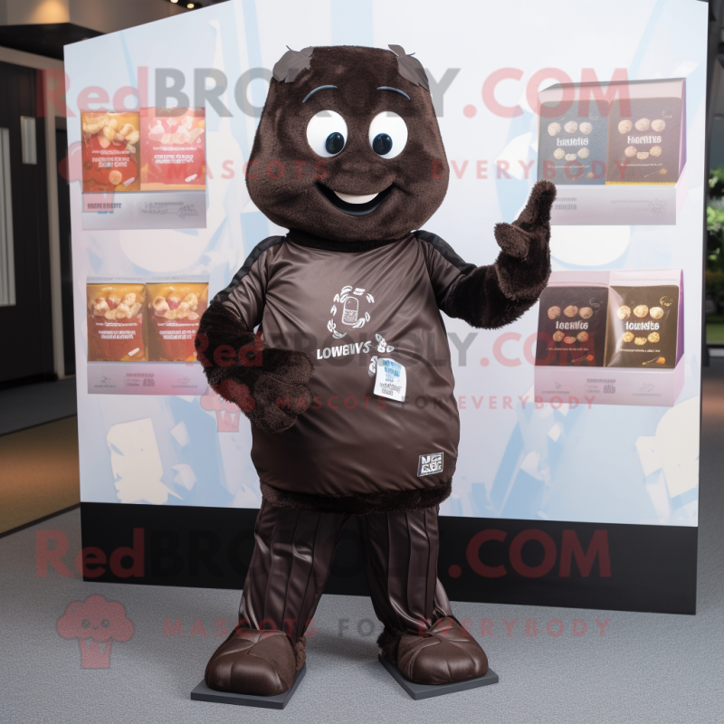 Black Chocolate Bars mascot costume character dressed with a Joggers and Lapel pins Black Chocolate Bars mascot costume character dressed with a Joggers and Lapel pins