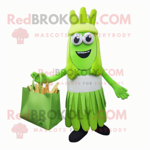 Lime Green French Fries mascot costume character dressed with a A-Line Skirt and Tote bags