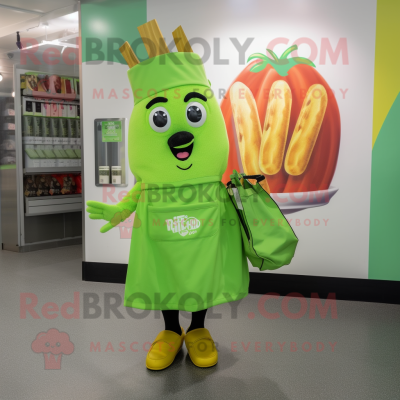 Lime Green French Fries mascot costume character dressed with a A-Line Skirt and Tote bags Lime Green French Fries mascot costume character dressed with a A-Line Skirt and Tote bags