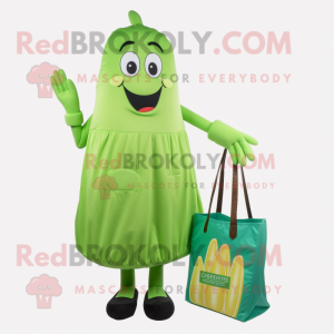 Lime Green French Fries mascot costume character dressed with a A-Line Skirt and Tote bags