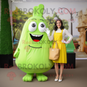Lime Green French Fries mascot costume character dressed with a A-Line Skirt and Tote bags